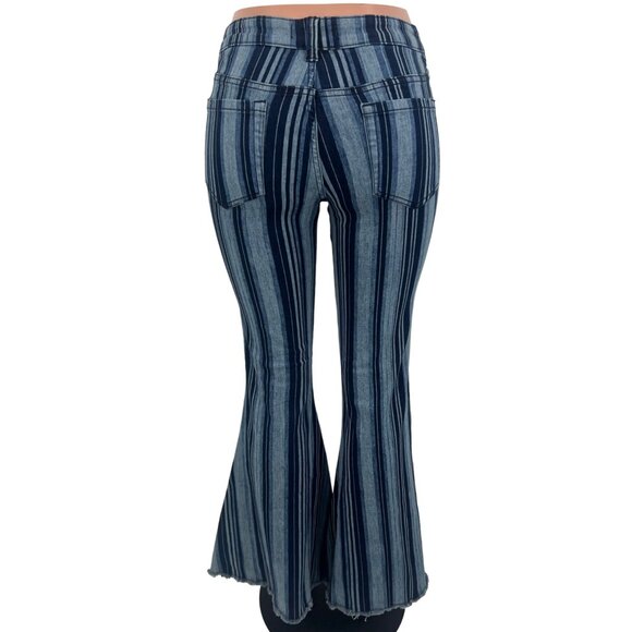 RARE NWT Free People Blue Stripe Super Flare Bell Bottom Jeans Boho Hippie Retro - Picture 9 of 16